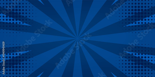 Dark blue comic-style background with radial burst lines and halftone patterns. Bold and energetic design ideal for superhero themes, gaming visuals, and action-packed content.