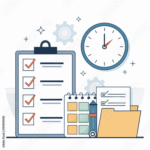 Productivity workflow concept featuring checklist clipboard wall clock calendar and file folder icons in a minimalist flat vector illustration for business planning