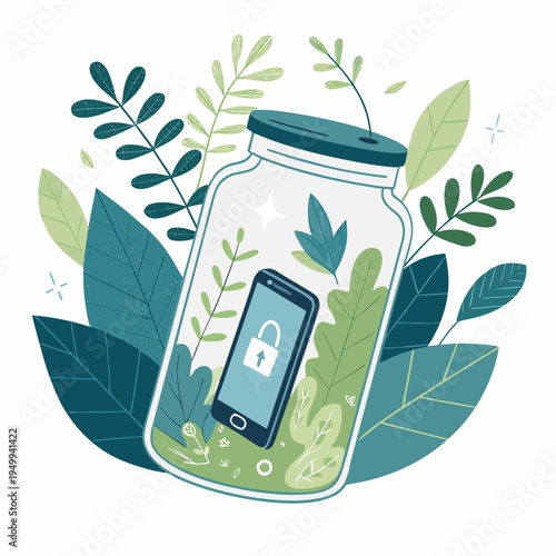 Smartphone locked inside a glass jar surrounded by lush botanical leaves illustrating digital detox and disconnection from modern technology and social media