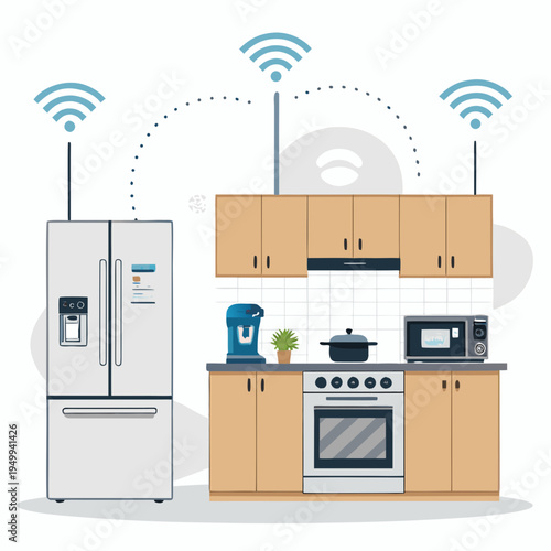 Smart home kitchen appliances connected via wireless network technology featuring refrigerator stove microwave and coffee maker in a modern minimalist interior design style