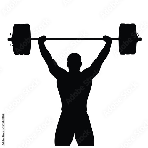 Weightlifter man silhouette, strong athlete lifting barbell overhead