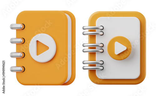 Modern 3D Notebook Design with Play Symbol and Ring Bindings