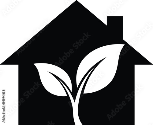 Black house silhouette with white leaves growing inside home building roof chimney