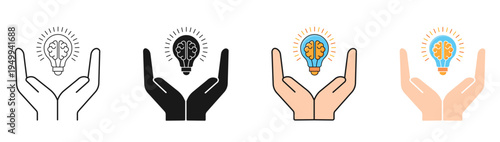 innovation and mental health icon set. set of icons representing human hands holding a lightbulb with a brain for creative innovation and mental health concepts