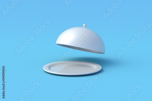 Food tray with lid on blue background. Restaurant cloche. Meal serving utensil. 3d render