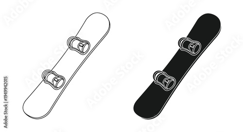 A graphic illustration presents two snowboard outlines one white and one black both equipped with bindings for secure foot placement