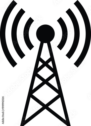 Black silhouette of a radio tower emitting signal waves on a white background transmission