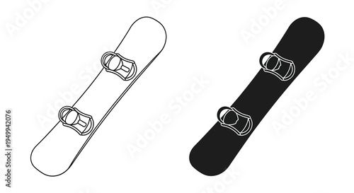 A minimalist black and white illustration depicts two snowboard outlines each equipped with bindings angled for a dynamic view high quality