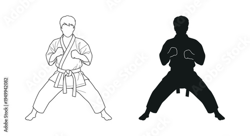 Two black and white line art depictions showcase a karate practitioner in fighting stances demonstrating dynamic movement and form