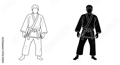 A striking black and white illustration depicts two judokas in fighting stances showcasing traditional uniforms and athletic builds high quality professional