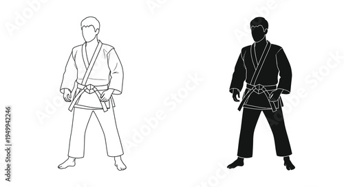 A minimalist black and white illustration depicts two judoka in fighting stances demonstrating traditional martial arts attire high quality professional detailed
