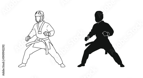 A striking illustration depicts a martial artist in a fighting stance showcasing both a detailed outline and a silhouetted form