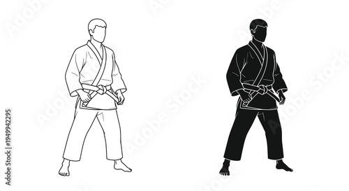 A striking black and white illustration depicts two male figures practicing judo showcasing their stances and traditional uniforms high quality professional