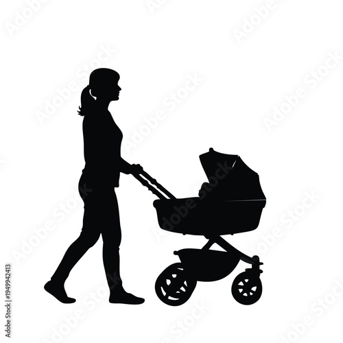 Woman pushing baby carriage silhouette walking outdoors with child stroller