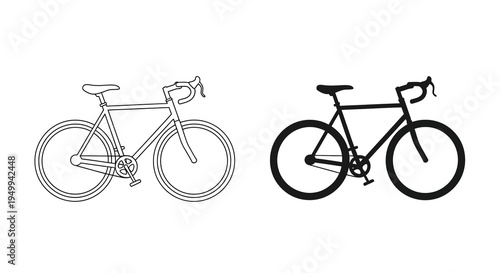 Two minimalist line drawings depict road bicycles from a side view showcasing differences in line weight and style