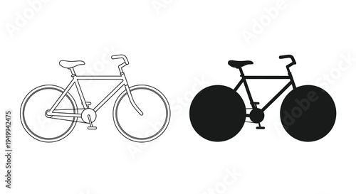 A minimalist depiction showcases two bicycles one outlined in black lines and the other as a solid black silhouette