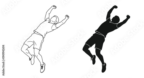 A dynamic black and white illustration depicts two men in mid air jubilantly celebrating with arms raised showcasing athletic movement high quality