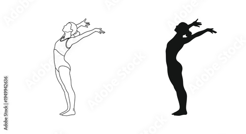 A minimalist depiction of a woman in a dynamic pose presented as both a line drawing and a contrasting silhouette