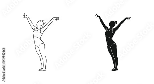 Two minimalist line art depictions showcase a woman with arms raised in a celebratory or worshipful pose facing forward