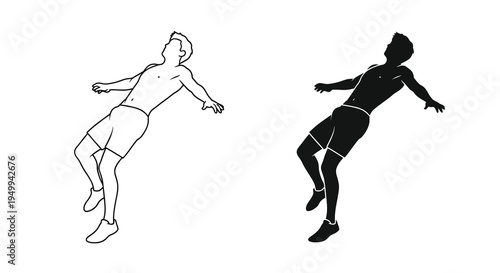 A black and white illustration depicts a man in a dynamic pose appearing to float or fall shown from two slightly different angles