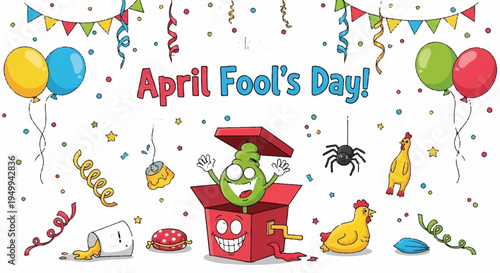 Whimsical april fool's day illustration with green creature popping out of red box surrounded by balloons and confetti