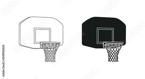 A minimalist illustration depicts two basketball hoops one outlined and one solid black against a white background high quality