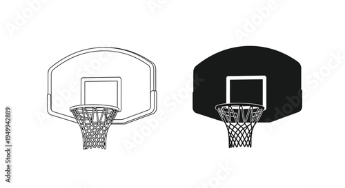 A graphic illustration depicts two basketball hoops one in a line drawing style and the other as a solid black silhouette