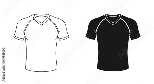 A graphic representation showcases two identical v neck t shirts one white and the other black presented as clothing mockups