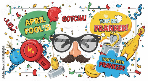 Colorful april fools' day celebration with cartoon face glasses mustache confetti and prank speech bubbles