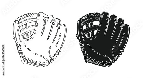 A detailed black and white illustration depicts two baseball gloves one light and one dark showcasing their design high quality professional