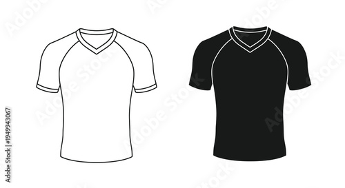 A simple illustration depicts two identical v neck t shirts one in white and the other in black showcasing a design template