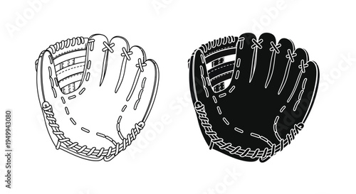 A detailed black and white illustration showcases two baseball gloves one light and one dark highlighting their stitching and form