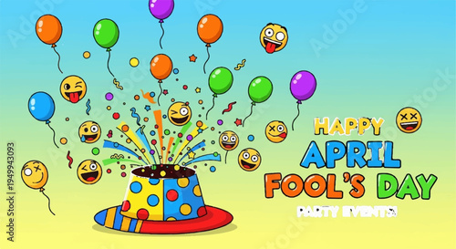 Colorful april fool's day celebration with emojis and balloons popping out of a gift box on a yellow background