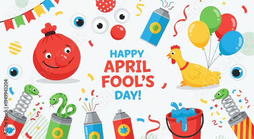 Colorful april fools' day celebration with balloons and spray paint cans on white background