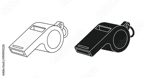 A detailed illustration showcases two views of a sports whistle one in a white outline and the other solid black