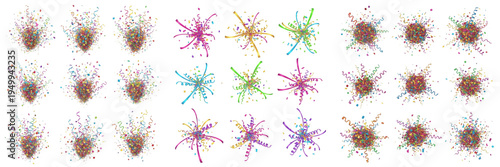 Large collection of colorful confetti explosions and festive firework bursts isolated on white background