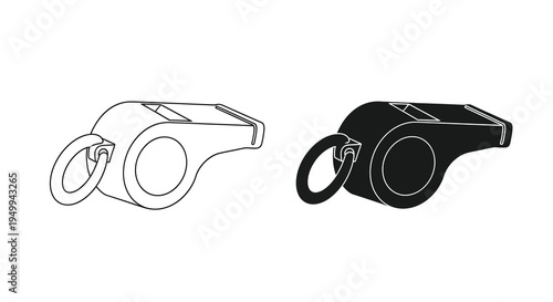 A minimalist depiction showcases two black and white illustrations of a sports whistle highlighting its design and functionality high quality professional