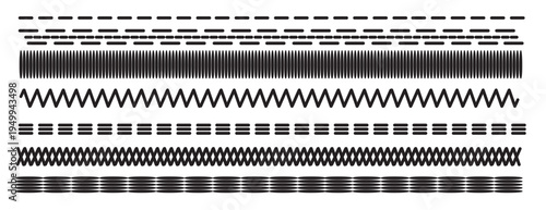 Vector Sewing Machine Stitches and Seams Set. Black and White Seamless Pattern Brushes with Zigzag, Overlock, Topstitch and Embroidery Thread Lines for Textile Fabric Design