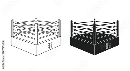 A detailed illustration showcases a wrestling ring depicted in both white and black providing a contrast in visual presentation