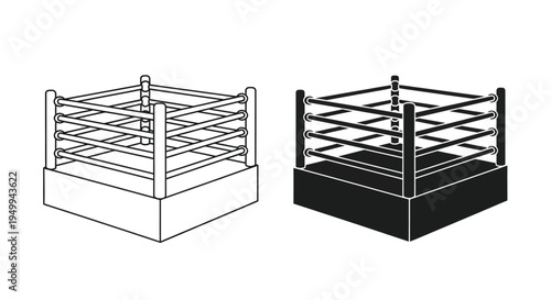A black and white illustration depicting two perspectives of a professional wrestling ring with ropes and corner posts high quality detailed