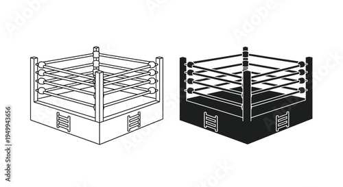 A minimalist black and white illustration depicts a boxing ring from two distinct perspectives showcasing its structural elements high quality professional