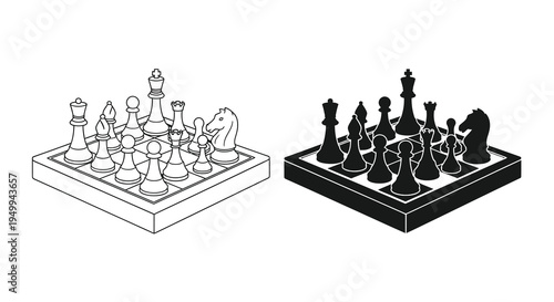 A monochrome illustration depicts two chessboards with complete sets of pieces showcasing a strategic game setup high quality professional