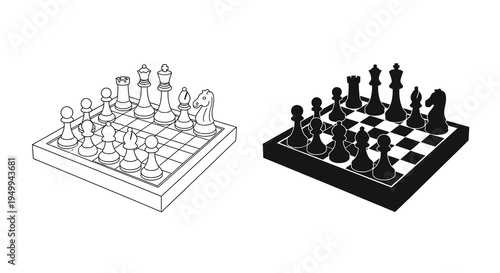A black and white illustration showcases two chessboards with complete sets of pieces positioned at slight angles high quality professional detailed