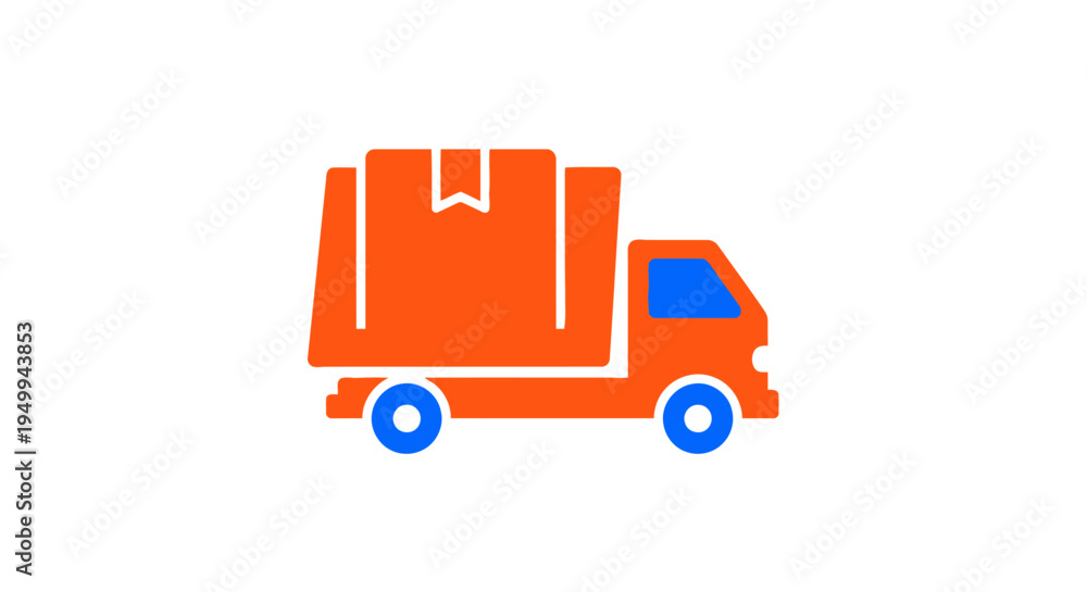 Naklejka premium A large orange truck is transporting goods on the road with blue wheels and windows.