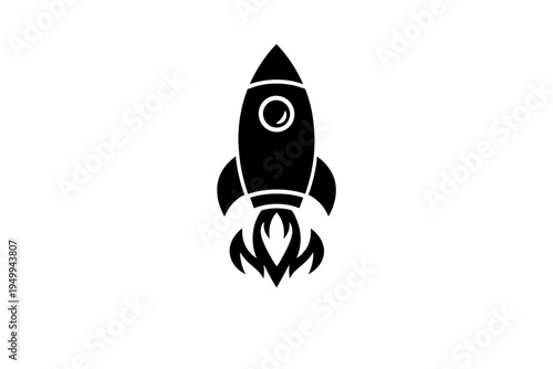 A minimalist black and white vector illustration of a rocket ship