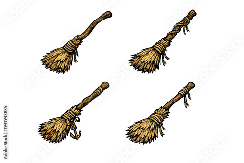 A set of four hand-drawn vintage broom illustrations with wooden