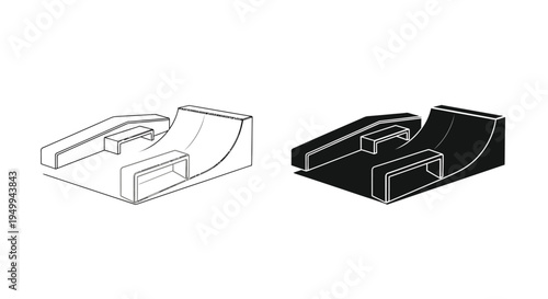 A black and white illustration depicts a skatepark ramp design showcasing two variations of the same structure high quality