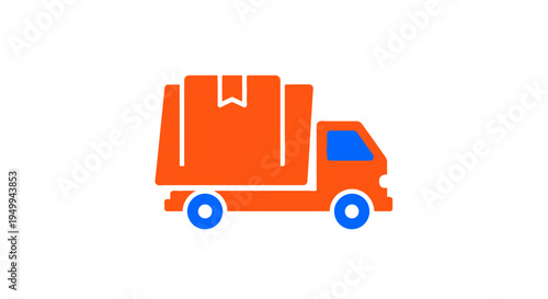 A large orange truck is transporting goods on the road with blue wheels and windows.
