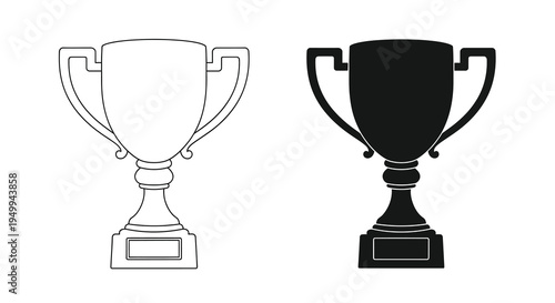 A pair of trophy illustrations are displayed one in white outline and the other as a solid black silhouette