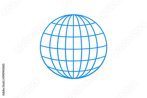 A minimalist blue wireframe globe illustration featuring longitude